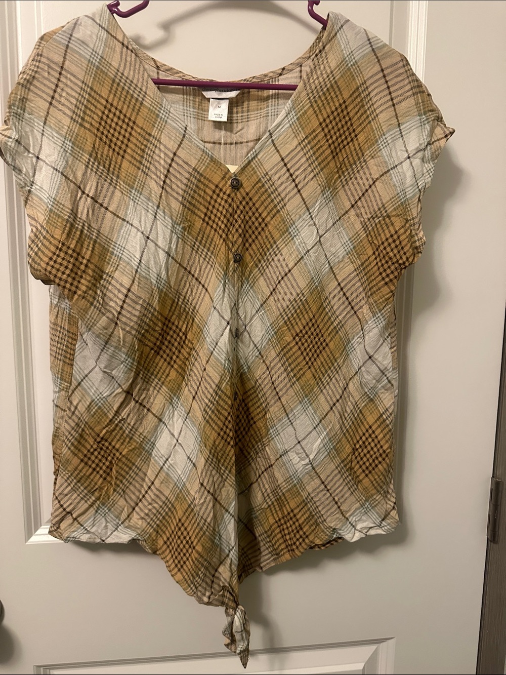 Christopher & Banks Plaid V-Neck Tie-Hem Blouse in Mustard and White